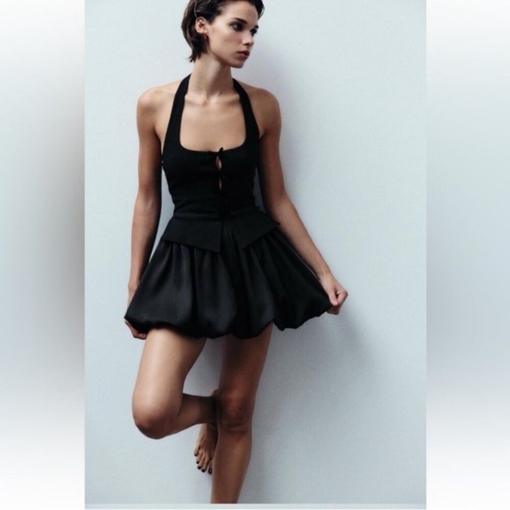 ZARA Viral Voluminous Halter Neck Dress in Black halter mini dress bubble hem
